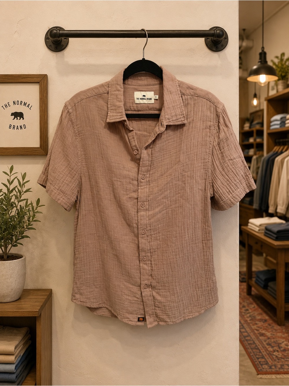 The Normal Brand Kalo Short-Sleeve Button-Down Shirt in Tan aka pumice
